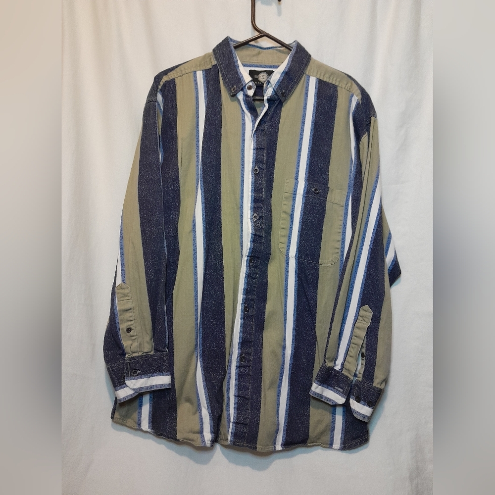 Santana Button Up Men's Large Shirt. Blue & Olive Stripes Button Down Collar